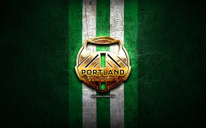 Portland Timbers, de oro del logotipo, de la MLS, verde metal de fondo, american club de f&#250;tbol, Portland Timbers FC, de los Estados de la Liga de F&#250;tbol, Portland Timbers logo, futbol, estados UNIDOS