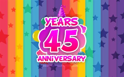 4k, 45 Years Anniversary, colorful clouds, Anniversary concept, rainbow background, 45th anniversary sign, creative 3D letters, 45th anniversary