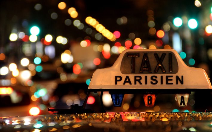 Taxi Paris, evening, taxi concepts, taxi sign by car, transportation of passengers, taxi