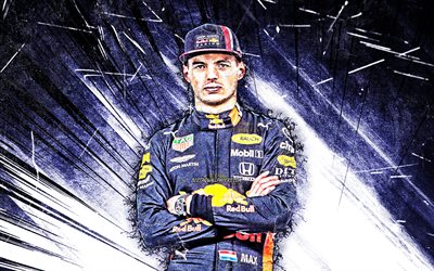 Max Verstappen, grunge art, Formula 1, Red Bull Racing 2019, Aston Martin Red Bull Racing, Max Emilian Verstappen, F1, gray abstract rays, Formula One, Red Bull Racing F1, Verstappen