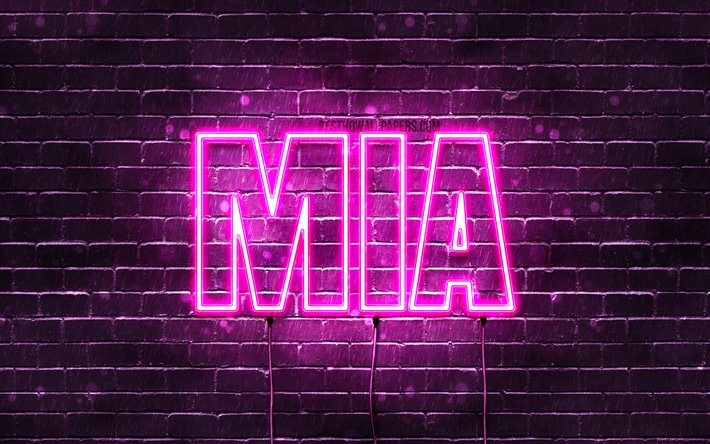 Mia, 4k, wallpapers with names, female names, Mia name, purple neon lights, horizontal text, picture with Mia name
