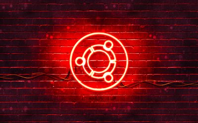 ubuntu red-logo, 4k, red brickwall, ubuntu-logo, linux, ubuntu neon-logo, ubuntu