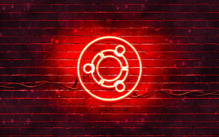 Ubuntu赤ロゴ, 4k, 赤brickwall, Ubuntuロゴ, Linux, Ubuntuネオンのロゴ, Ubuntu