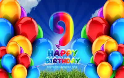 4k, Happy 9 Years Birthday, cloudy sky background, Birthday Party, colorful ballons, Happy 9th birthday, artwork, 9th Birthday, Birthday concept, 9th Birthday Party