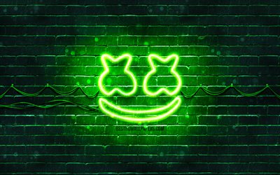 Marshmello yeşil logo, 4k, superstars, Amerikan DJ&#39;ler, yeşil brickwall, Marshmello logo, Christopher Comstock, m&#252;zik yıldızları, Marshmello neon logo, DJ Marshmello