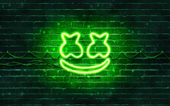 Marshmello green logo, 4k, superstars, american DJs, green brickwall, Marshmello logo, Christopher Comstock, music stars, Marshmello neon logo, DJ Marshmello