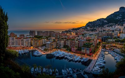 Fontvieille, 4k, sunset, yachts, harbor, Monaco