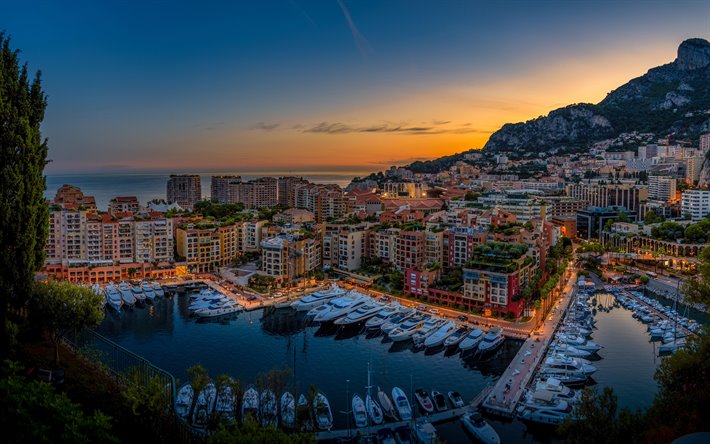 Fontvieille, 4k, sunset, jahdit, satama, Monaco