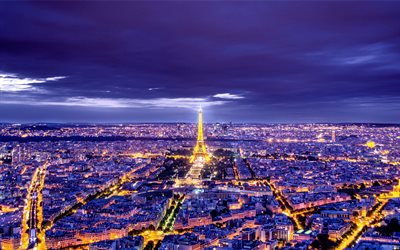 Paris, Torre Eiffel, noite, luzes, casas, Paris paisagem urbana, Fran&#231;a