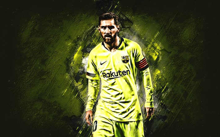 Lionel Messi (FC Barcelona), ritratto, argentino, giocatore di calcio, giallo pietra sfondo, catalano club di calcio, La Liga, La Spagna, il calcio