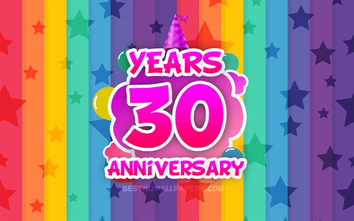 4k, 30 Years Anniversary, colorful clouds, Anniversary concept, rainbow background, 30th anniversary sign, creative 3D letters, 30th anniversary