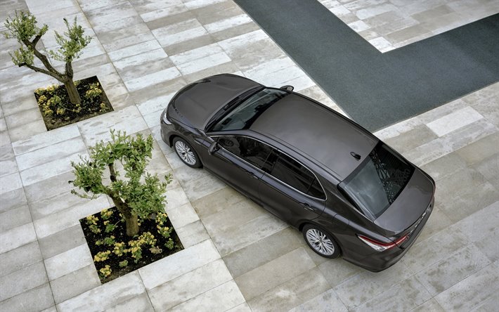 toyota camry hybrid, 2019, ansicht von oben, graue limousine, die neue grau camry, japanische autos, toyota