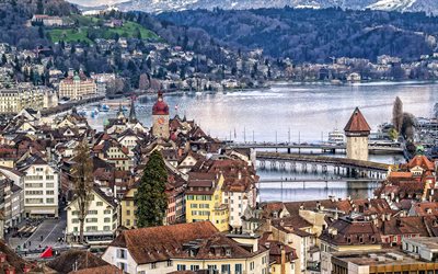Luzern, Swiss city, Luzern Lake, morning, mountain landscape, Luzern cityscape, Switzerland