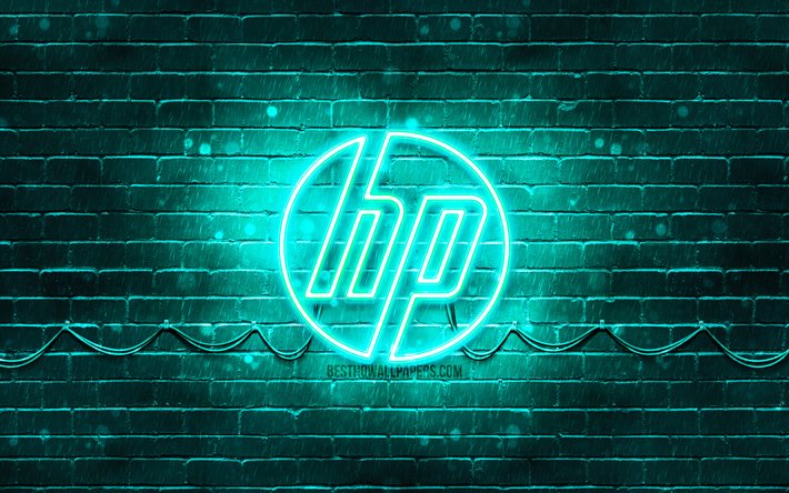 HP turquoise logo, 4k, turquoise brickwall, Hewlett-Packard, logo HP, HP n&#233;on logo, HP, Hewlett-Packard logo