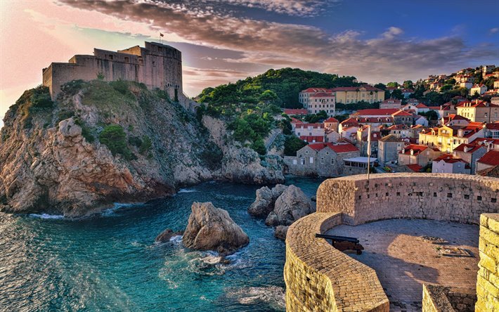 Dubrovnik, sommar, hamnen, sunset, Kroatien, Europa, Dubrovnik p&#229; kv&#228;llen