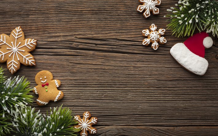 クッキーのクリスマス, 木の背景, サンタ帽子のクッキー, 謹賀新年, クリスマスツリー