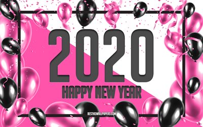سنة جديدة سعيدة عام 2020, البالونات الوردية خلفية, 2020 المفاهيم, الوردي 2020 الخلفية, الوردي الأسود البالونات, الإبداعية 2020 الخلفية, 2020 السنة الجديدة, خلفية عيد الميلاد