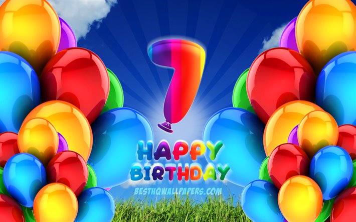 4k, 嬉しい7歳の誕生日, 曇天の背景, 誕生パーティー, カラフルなballons, 作品, 7歳の誕生日, 誕生日プ, 7誕生パーティー