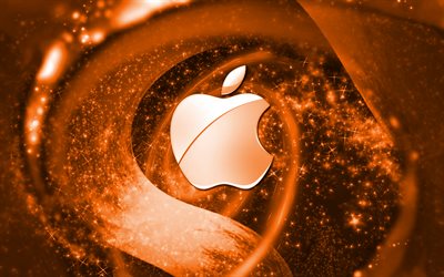 A Apple logotipo laranja, espa&#231;o, criativo, Apple, estrelas, Log&#243;tipo da Apple, arte digital, fundo laranja