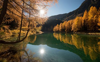 lago de montanha, outono, amarelo &#225;rvores, paisagem de montanha, lago glacial, montanhas