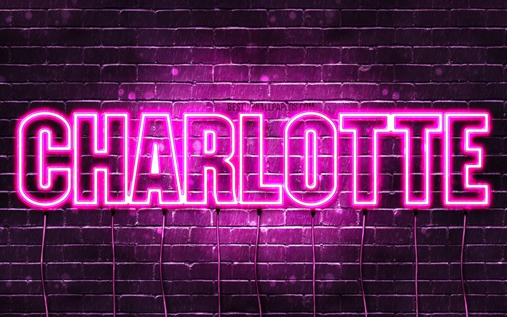 Charlotte, 4k, taustakuvia nimet, naisten nimi&#228;, Charlotte nimi, violetti neon valot, vaakasuuntainen teksti, kuva Charlotte nimi