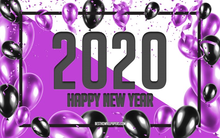 2020 mutlu Yeni Yıl, Mor Balonlar arka Plan, 2020 kavramlar, Mor 2020 arka Plan, Mor, Siyah Balonlar, Yaratıcı arka Plan 2020, 2020 Yeni Yıl, Noel arka plan