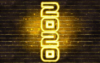 4k, Happy New Year 2020, vertical text, yellow brickwall, 2020 concepts, 2020 on yellow background, abstract art, 2020 neon art, creative, 2020 year digits, 2020 yellow neon digits