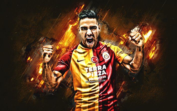 Radamel Falcao, ritratto, il Galatasaray, calciatore Colombiano, in avanti, arancio pietra sfondo, calcio