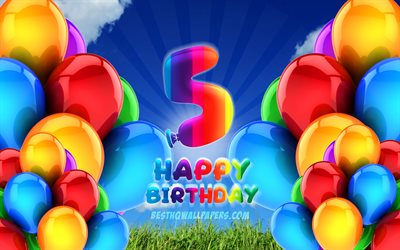 4k, 嬉しい5歳の誕生日, 曇天の背景, 誕生パーティー, カラフルなballons, 作品, 5歳の誕生日, 誕生日プ, 5日の誕生日パーティー