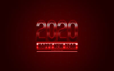 Happy New Year 2020, Red 2020 background, Red metal 2020 background, 2020 concepts, Christmas, 2020, Red carbon texture