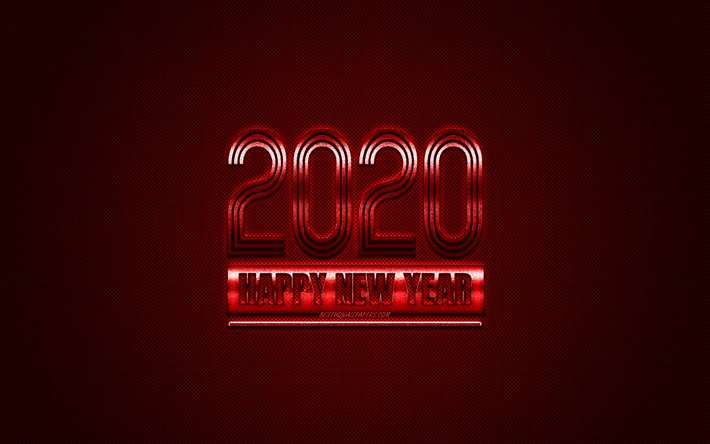 Happy New Year 2020, Red 2020 background, Red metal 2020 background, 2020 concepts, Christmas, 2020, Red carbon texture