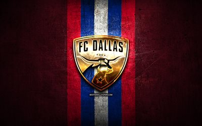 FC Dallas, de oro del logotipo, de la MLS, de metal rojo de fondo, american club de f&#250;tbol, United de la Liga de F&#250;tbol, el FC Dallas logo, futbol, estados UNIDOS