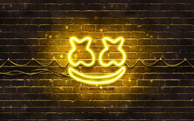 Marshmello amarelo logotipo, 4k, superstars, americano de DJs, amarelo brickwall, Marshmello logotipo, Christopher Comstock, estrelas da m&#250;sica, Marshmello neon logotipo, DJ Marshmello