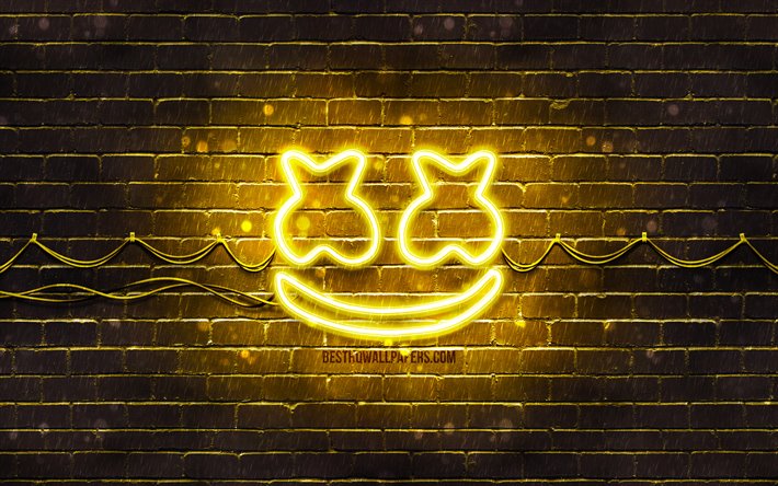 Marshmello yellow logo, 4k, superstars, american DJs, yellow brickwall, Marshmello logo, Christopher Comstock, music stars, Marshmello neon logo, DJ Marshmello