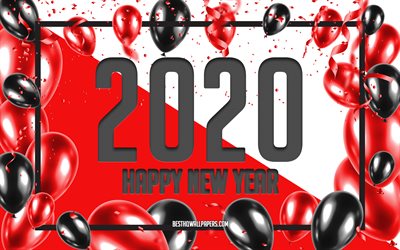 Feliz Nuevo A&#241;o 2020, Globos Rojos de Fondo, 2020 conceptos, Rojo 2020 Fondo, Rojos Globos Negros, Creativo 2020 Fondo De 2020, A&#241;o Nuevo, Navidad, antecedentes
