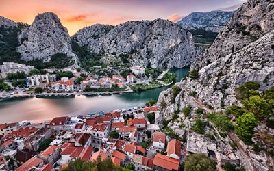 Omis, Cetina, la hermosa naturaleza, puesta de sol, Croacia, Europa, croata, naturaleza, ciudades croatas