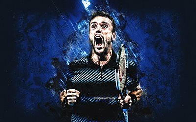 Roberto Bautista Agut, ATP, spanish tennis player, portrait, blue stone background, Tennis
