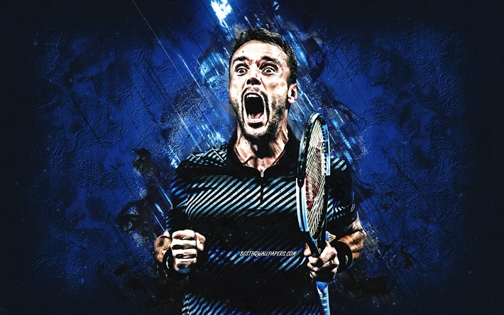 ロベルト-バウティスタAgut, ATP, スペイン語のテニスプレイヤー, 肖像, 青石の背景, テニス