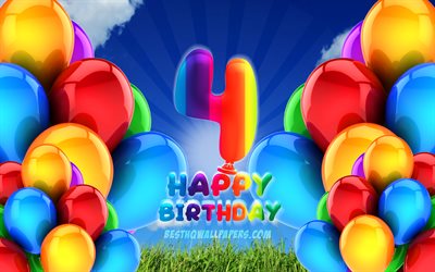 4k, Happy 4 Years Birthday, cloudy sky background, Birthday Party, colorful ballons, Happy 4th birthday, artwork, 4th Birthday, Birthday concept, 4th Birthday Party