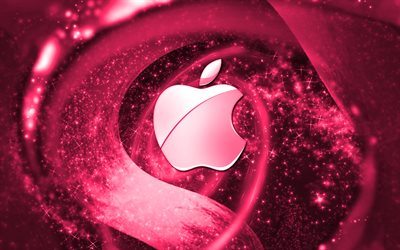 Apple pink logo, space, creative, Apple, stars, Apple logo, digital art, pink background