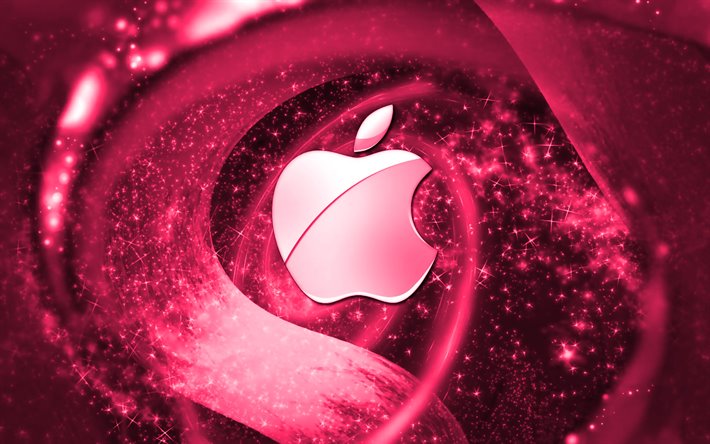 apple pink-logo, space, creative, apple, stars, apple-logo, digitale kunst, rosa hintergrund