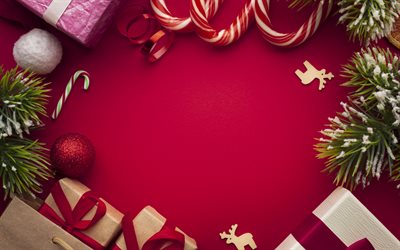 إطار عيد الميلاد, الهدايا مع شرائط الحرير الأحمر, حلوى عيد الميلاد, خلفية حمراء, سنة جديدة سعيدة, عيد الميلاد