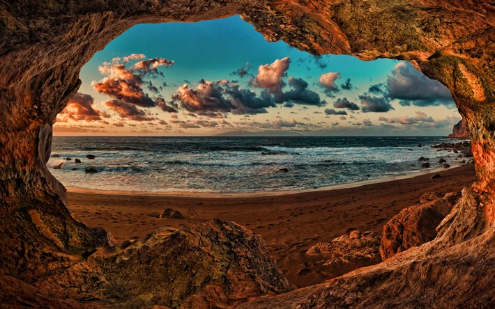 カナリア諸島, 4k, 洞窟, ビーチ, 美しいnatu, 海, 夏, HDR, カナリア自然