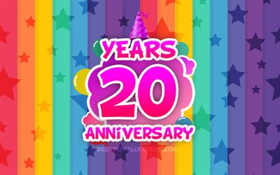 4k, 20 Years Anniversary, colorful clouds, Anniversary concept, rainbow background, 20th anniversary sign, creative 3D letters, 20th anniversary