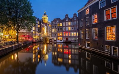 Amsterdam, canali, sera, citt&#224; olandese, paesaggio urbano, paesi Bassi