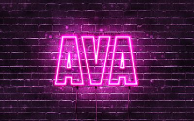 Ava, 4k, wallpapers with names, female names, Ava name, purple neon lights, horizontal text, picture with Ava name
