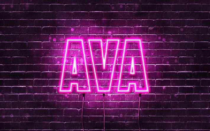Ava, 4k, isimler Ava adıyla, Bayan isimleri, Ava adı, mor neon ışıkları, yatay metin, resim ile duvar kağıtları