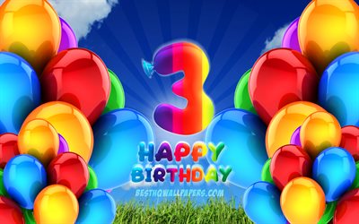 4k, Happy 3 Years Birthday, cloudy sky background, Birthday Party, colorful ballons, Happy 3rd birthday, artwork, 3rd Birthday, Birthday concept, 3rd Birthday Party