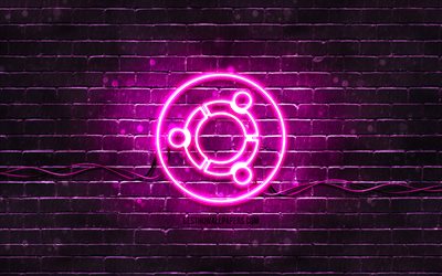 Ubuntu purple logo, 4k, purple brickwall, Ubuntu logo, Linux, Ubuntu neon logo, Ubuntu