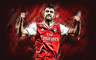 Sokratis Papastathopoulos, Arsenal FC, Greek football player, portrait, red stone background, football, Premier League, England
